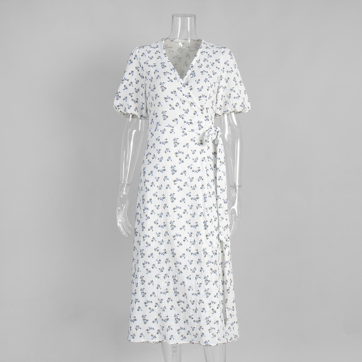 Cotton Puff-Sleeve Wrap Midi Dress in Lavender Floral — front view