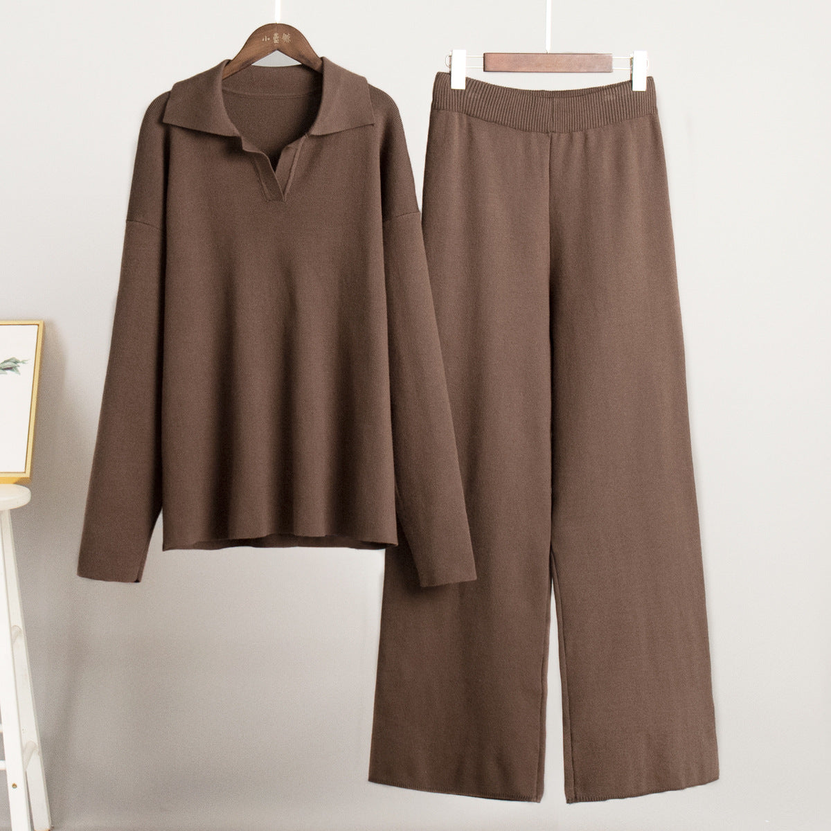 Polo Collar Knit Sweater & Wide-Leg Pants Set in Cocoa — front view
