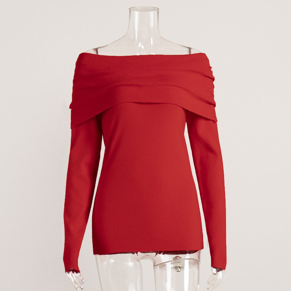 Off-Shoulder Fold-Over Knit Sweater in Red — front view