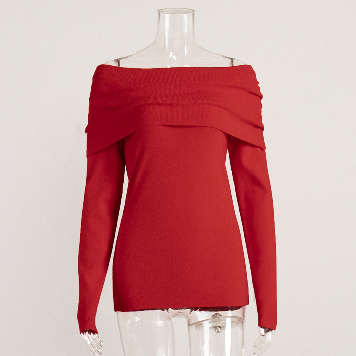 Off-Shoulder Fold-Over Knit Sweater in Red — front view