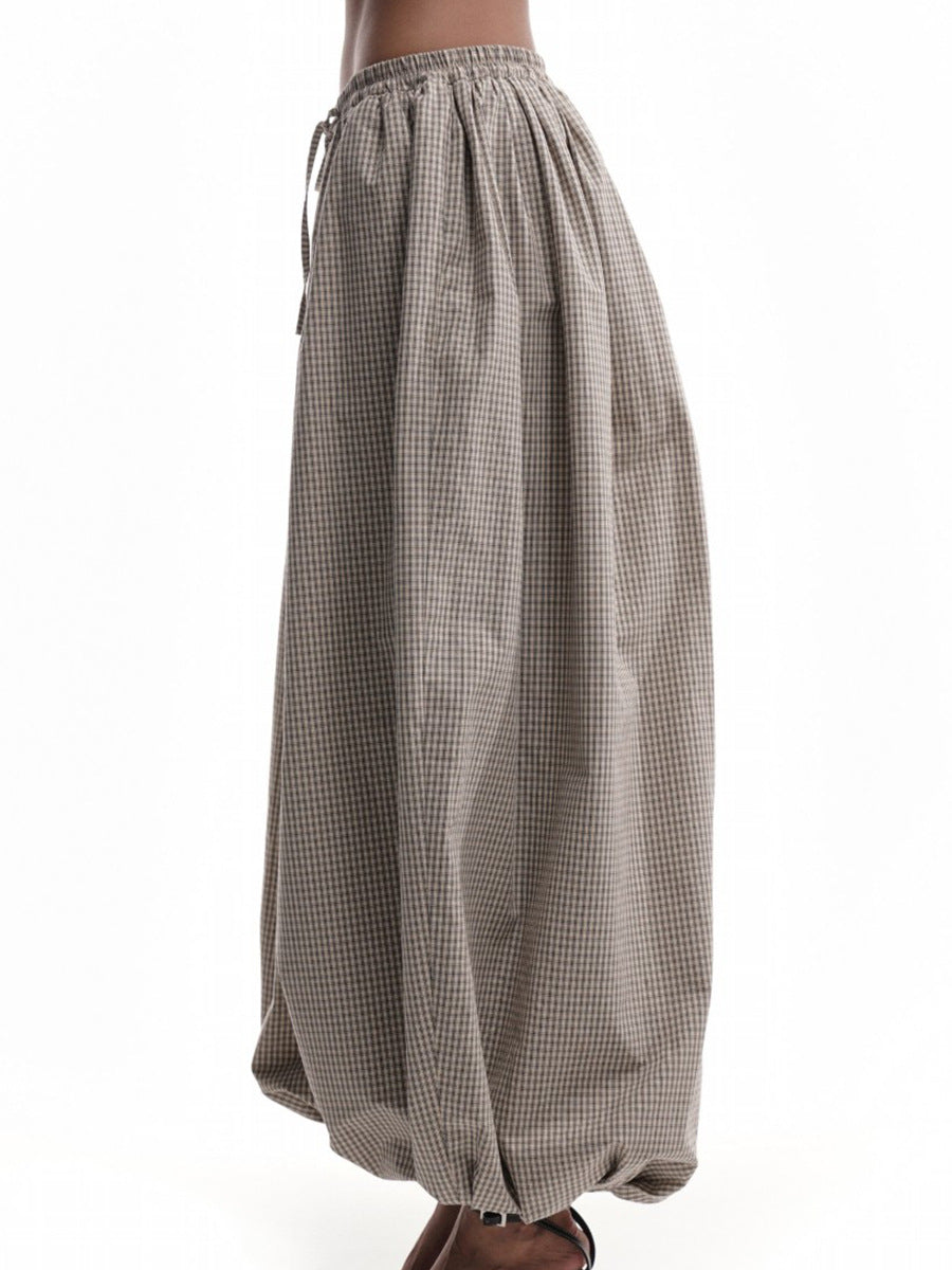 Cotton-Rayon Check Balloon Harem Pants in Khaki Check — side view on mannequin