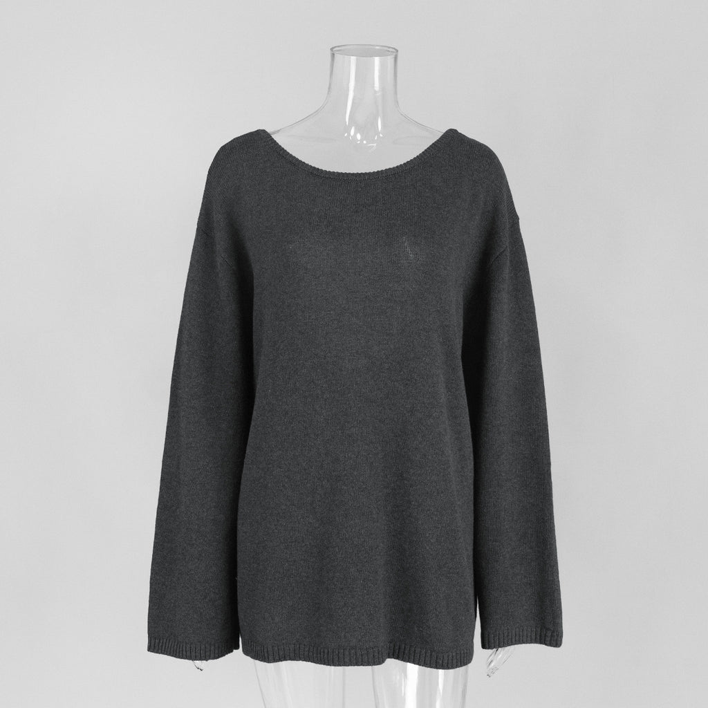 Oversized Open-Back Cotton Knit Sweater in Charcoal — front view