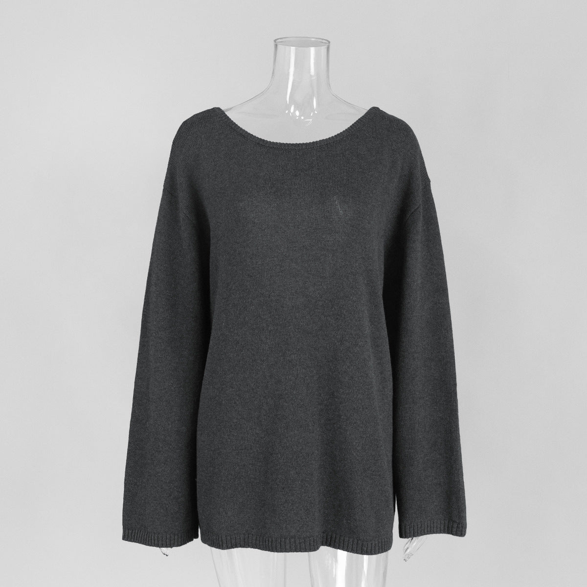 Oversized Open-Back Cotton Knit Sweater in Charcoal — front view