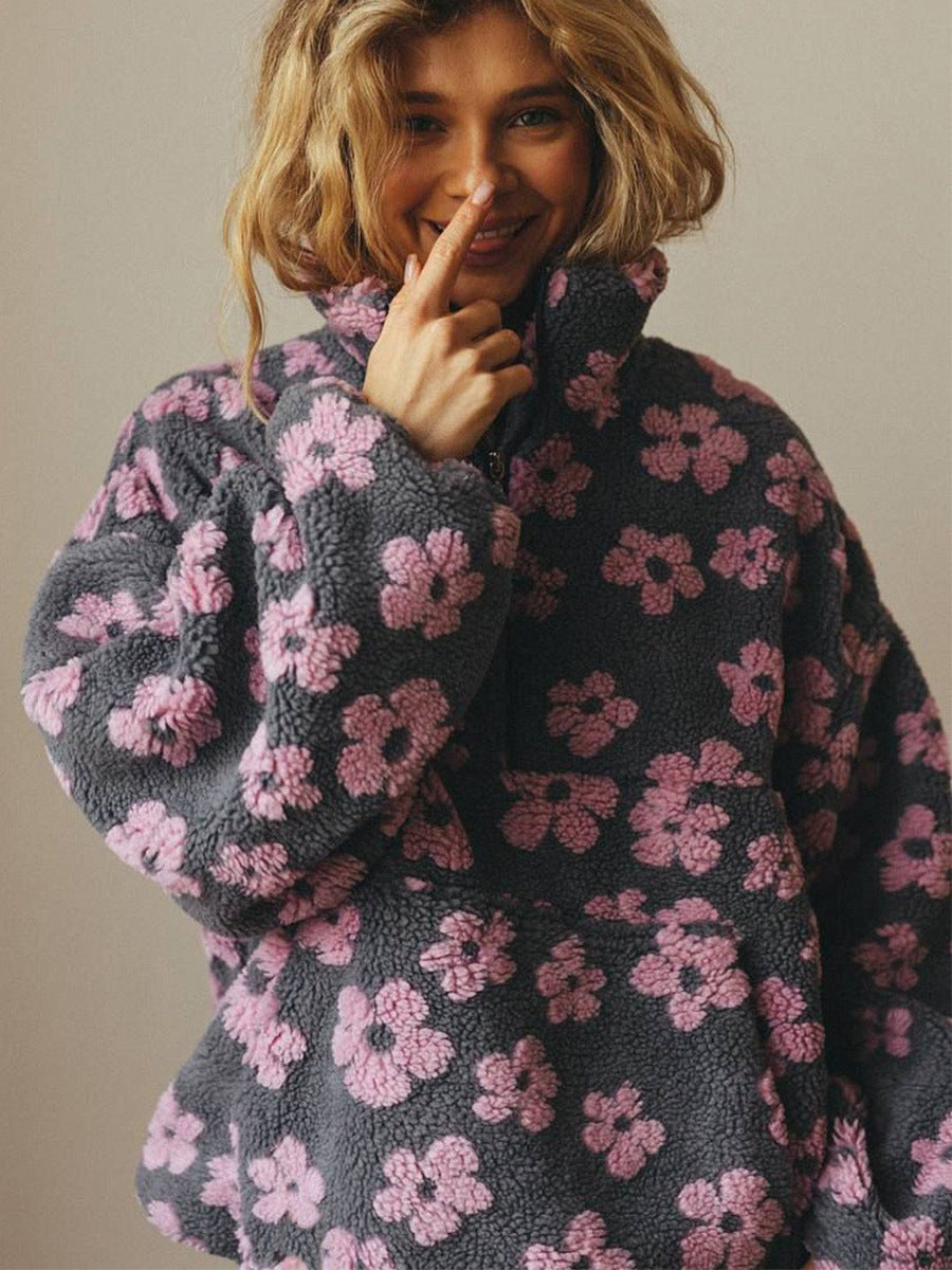 Floral Fleece Half-Zip Pullover Sweatshirt in Charcoal Pink Floral — on model
