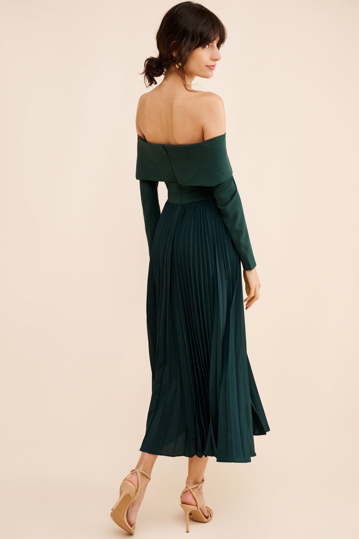 Off-the-Shoulder Long Sleeve Pleated Midi Dress in Dark Green — back view on model