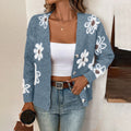 Daisy Knit Button-Front Cardigan in Dusty Blue — front view on model