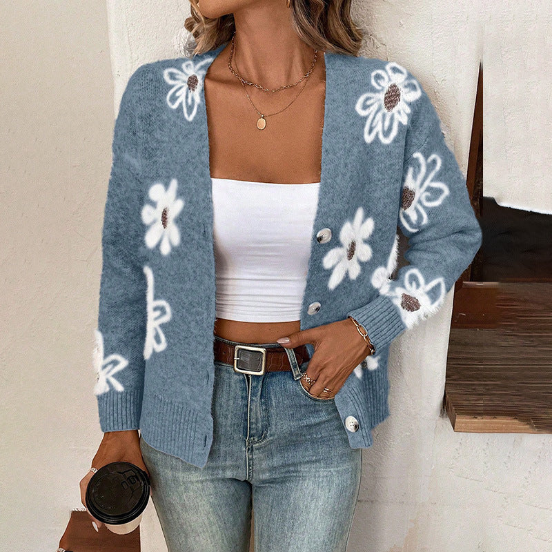 Daisy Knit Button-Front Cardigan in Dusty Blue — front view on model