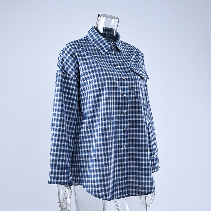 Oversized Cotton Plaid Button-Up Shirt in Navy Plaid — side view on mannequin