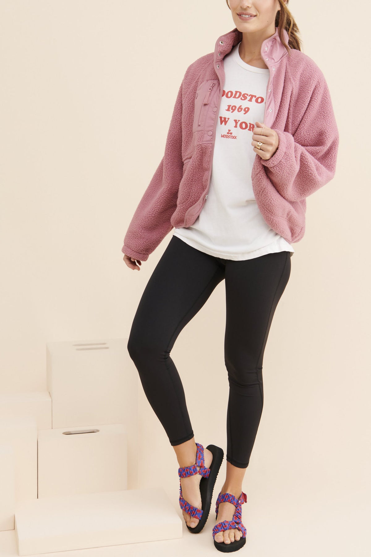 Cropped Sherpa Fleece Jacket with Stand Collar in Dusty Pink — full-length view on model