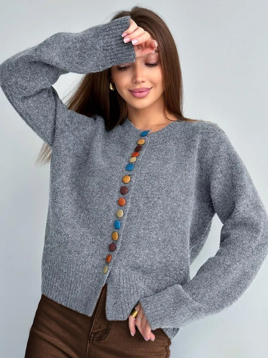 Crew-Neck Cardigan with Multicolor Buttons in Heather Gray — front view on model