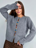 Crew-Neck Cardigan with Multicolor Buttons in Heather Gray — front view on model