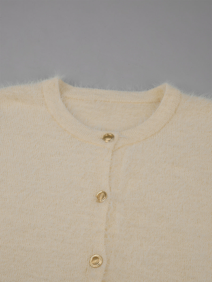 Fuzzy Knit Button Cardigan & Maxi Skirt Set in Cream — close-up of the round neck and buttons