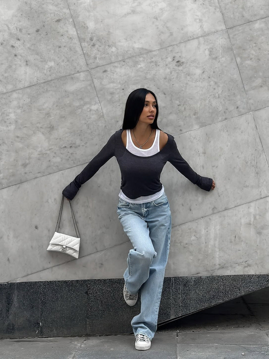 Layered-Look Scoop Neck Long-Sleeve Top in Charcoal — full-length view on model