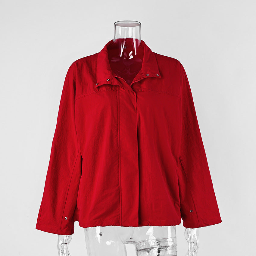 Oversized Stand-Collar Nylon Jacket with Drawcord Hem in Red — front view on mannequin