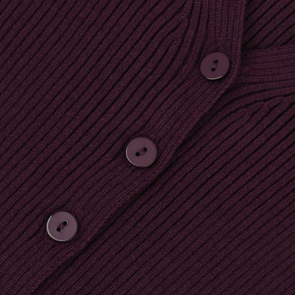 Ribbed V-Neck Button Cardigan & Fitted Knit Maxi Skirt Set in Plum — close-up of the buttons