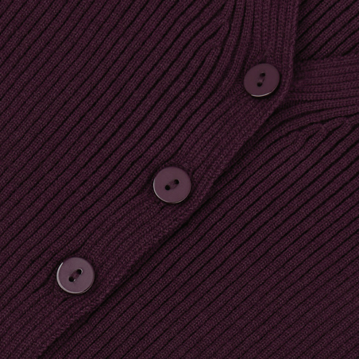 Ribbed V-Neck Button Cardigan & Fitted Knit Maxi Skirt Set in Plum — close-up of the buttons