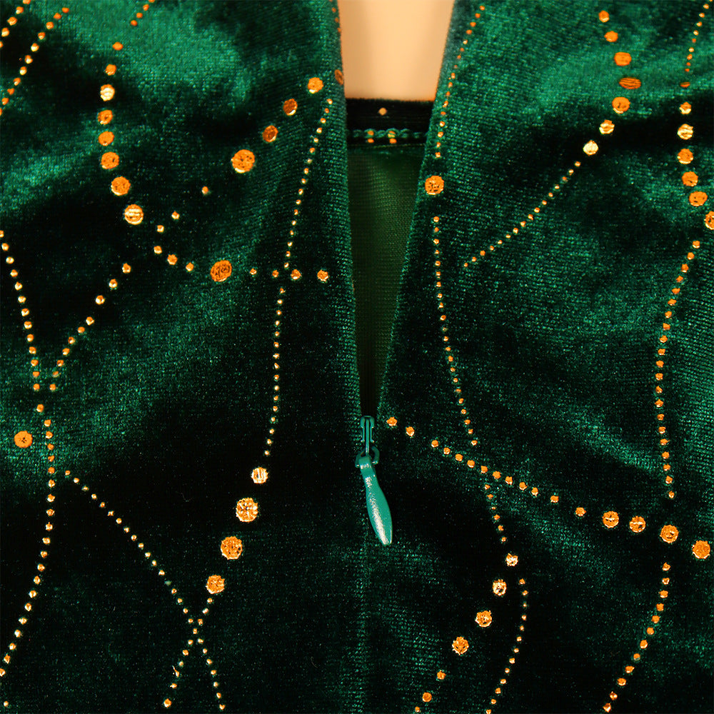 Plus-Size Velvet Mermaid Dress with High-Low Hem in Green — close-up of the back zip