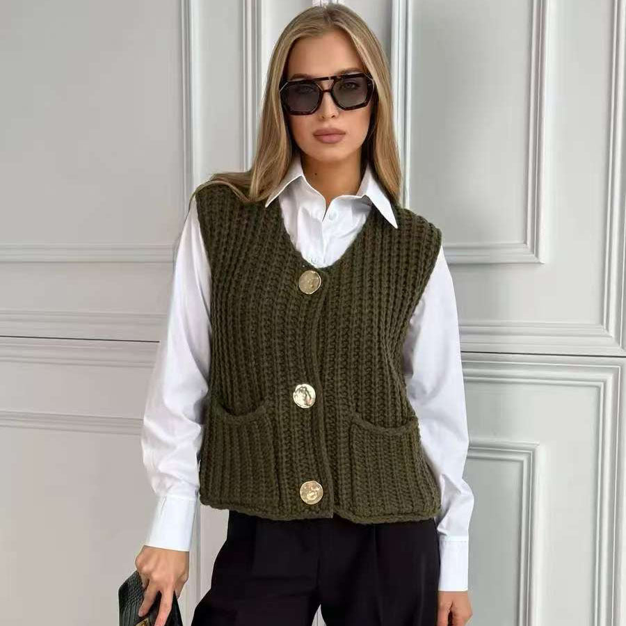 Gold-Button Chunky Knit Vest in Olive — front view on model