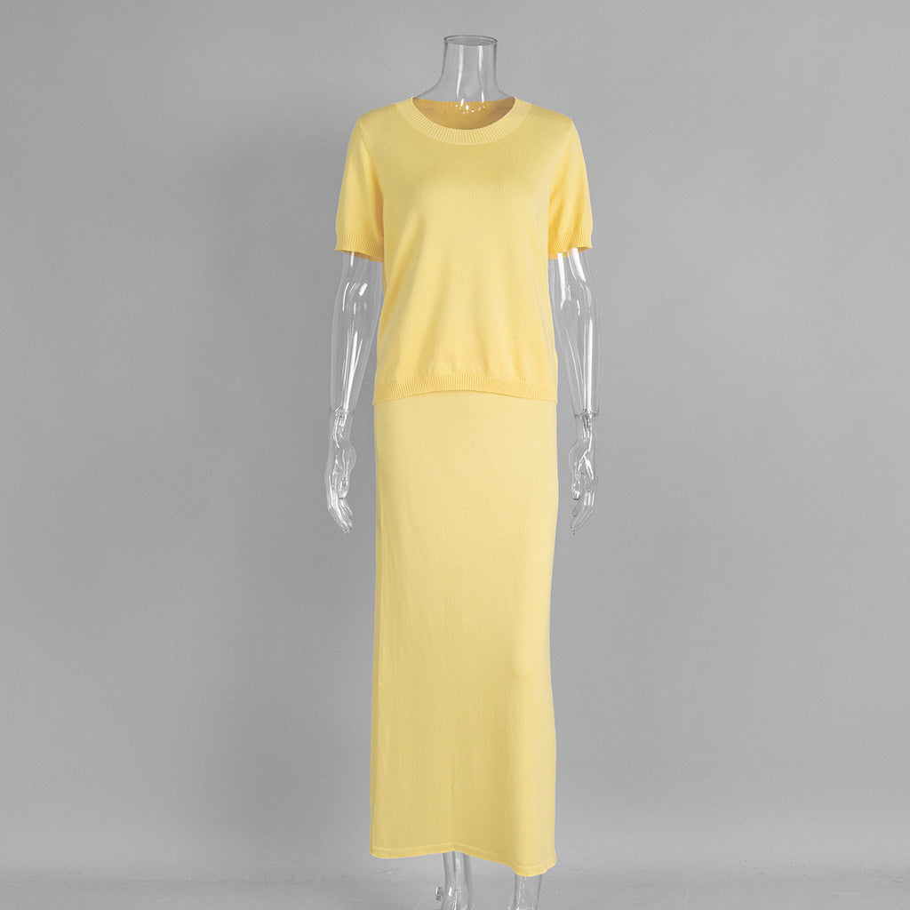 Short Sleeve Knit Top & Maxi Skirt Set in Butter Yellow — set on mannequin