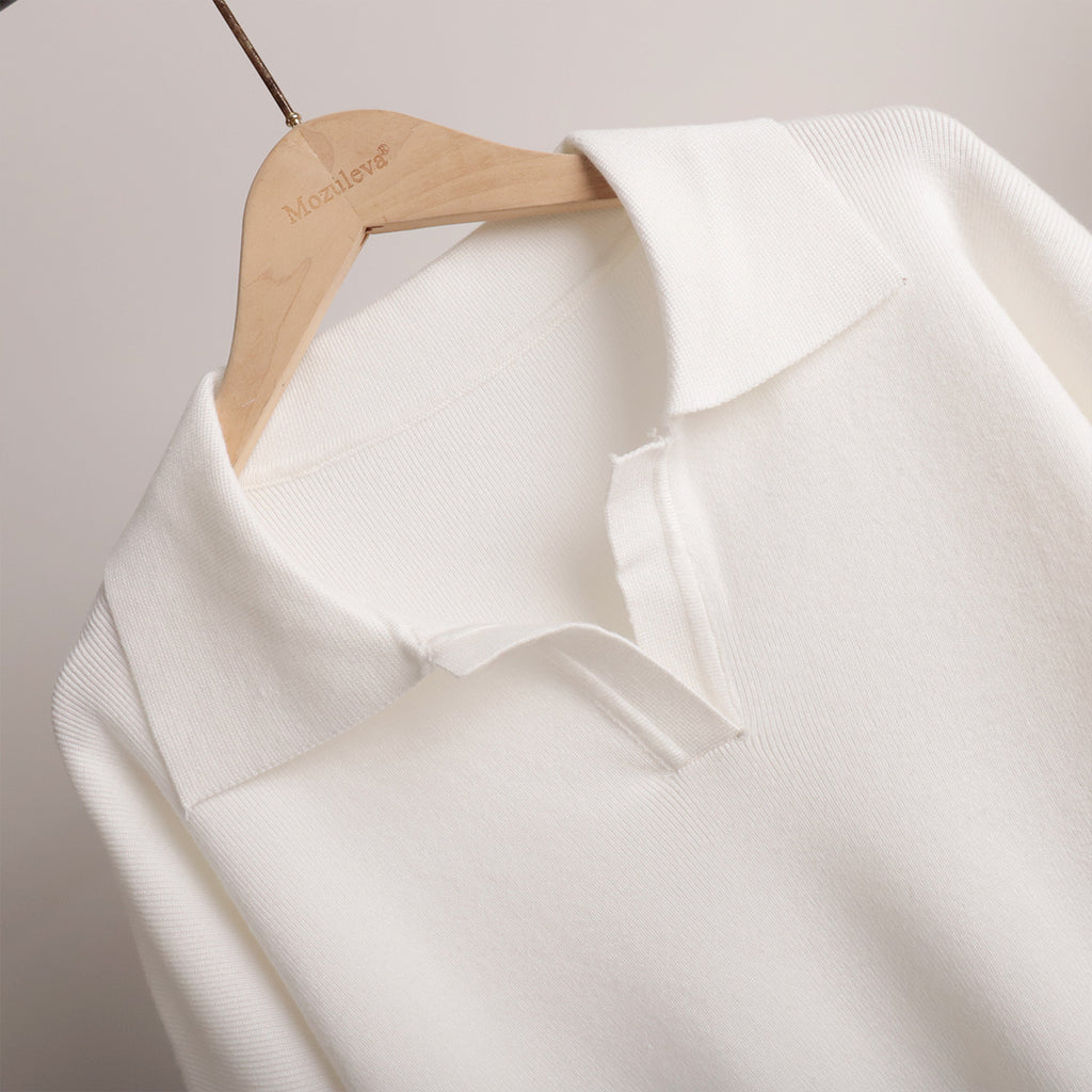 Polo Collar Knit Sweater & Wide-Leg Pants Set in Ivory — close-up of polo collar and V-notch