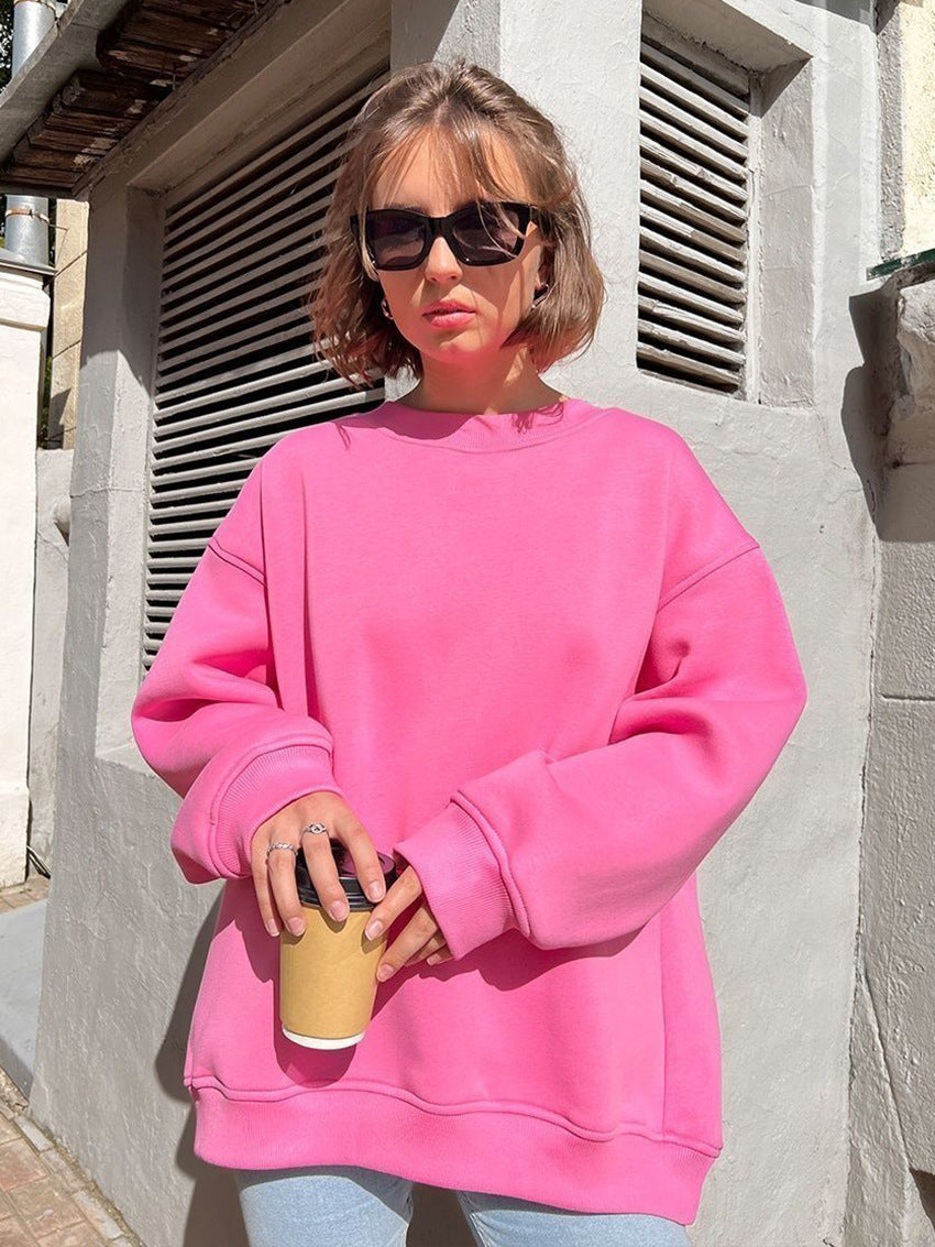 Oversized Heavyweight Crew Neck Sweatshirt in Hot Pink — front view on model