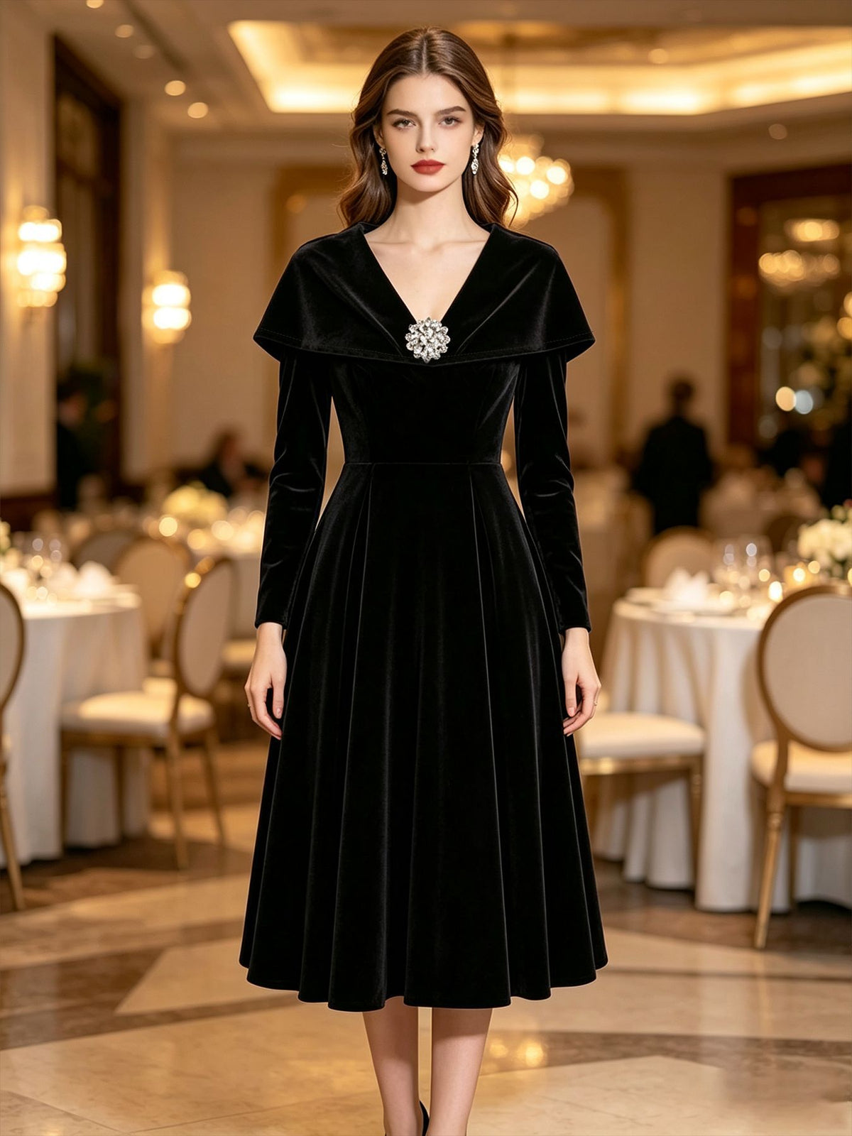 Velvet Midi Dress with Portrait Collar and Rhinestone Brooch in Black — front view on model