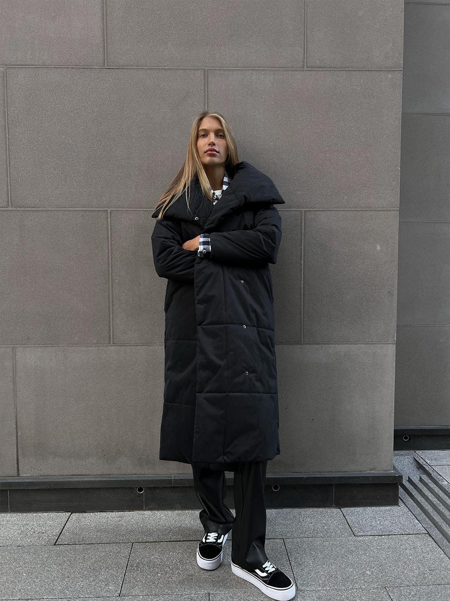 Long Belted Puffer Coat with Oversized Collar in Black — full-length view
