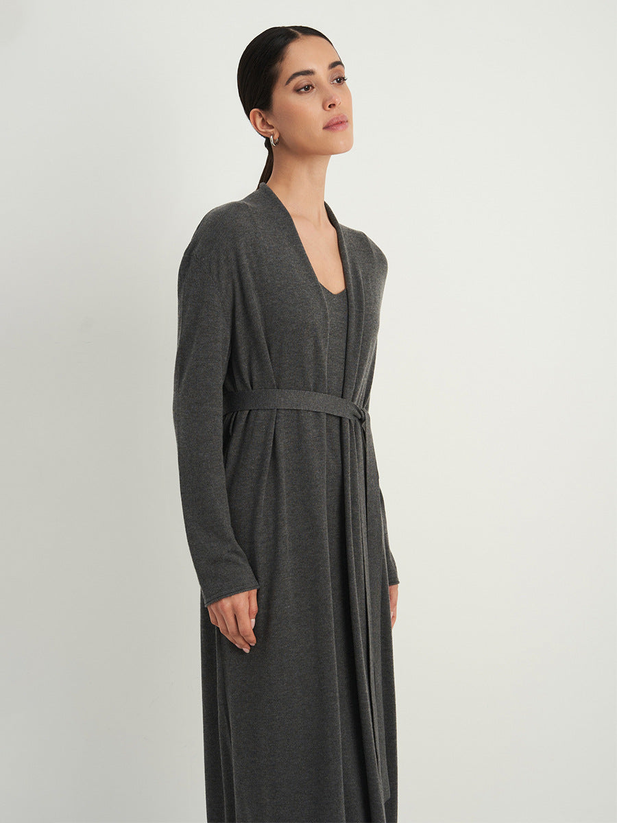Long Belted Knit Cardigan & Maxi Slip Dress Set in Charcoal Gray — set worn with cardigan belted