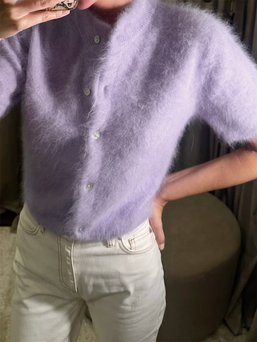 Fuzzy Knit Short Sleeve Cardigan with Mock Neck in Lavender — close-up on model