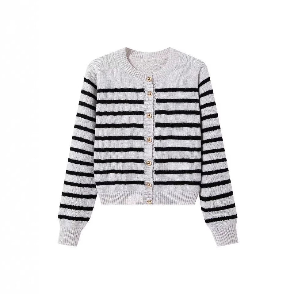 Striped Crew-Neck Cardigan with Gold Buttons in Cream & Black — front view, cut out