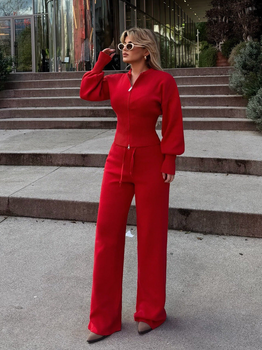 Zip-Front Balloon-Sleeve Knit Top & Drawstring Wide-Leg Pants Set in Red — full-length view on model