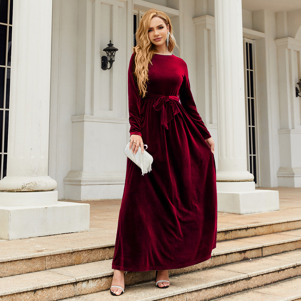 Long-Sleeve Velvet Maxi Dress with Tie Waist in Wine — full-length view on model