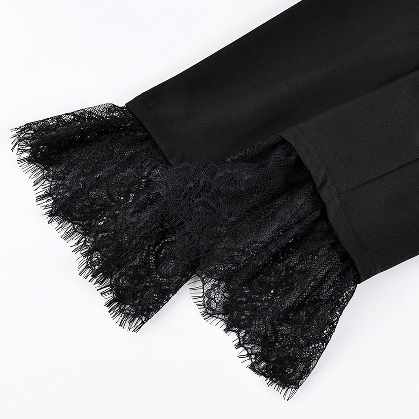 Fitted Blazer with Lace-Trimmed Hem and Cuffs in Black — close-up of the lace cuff