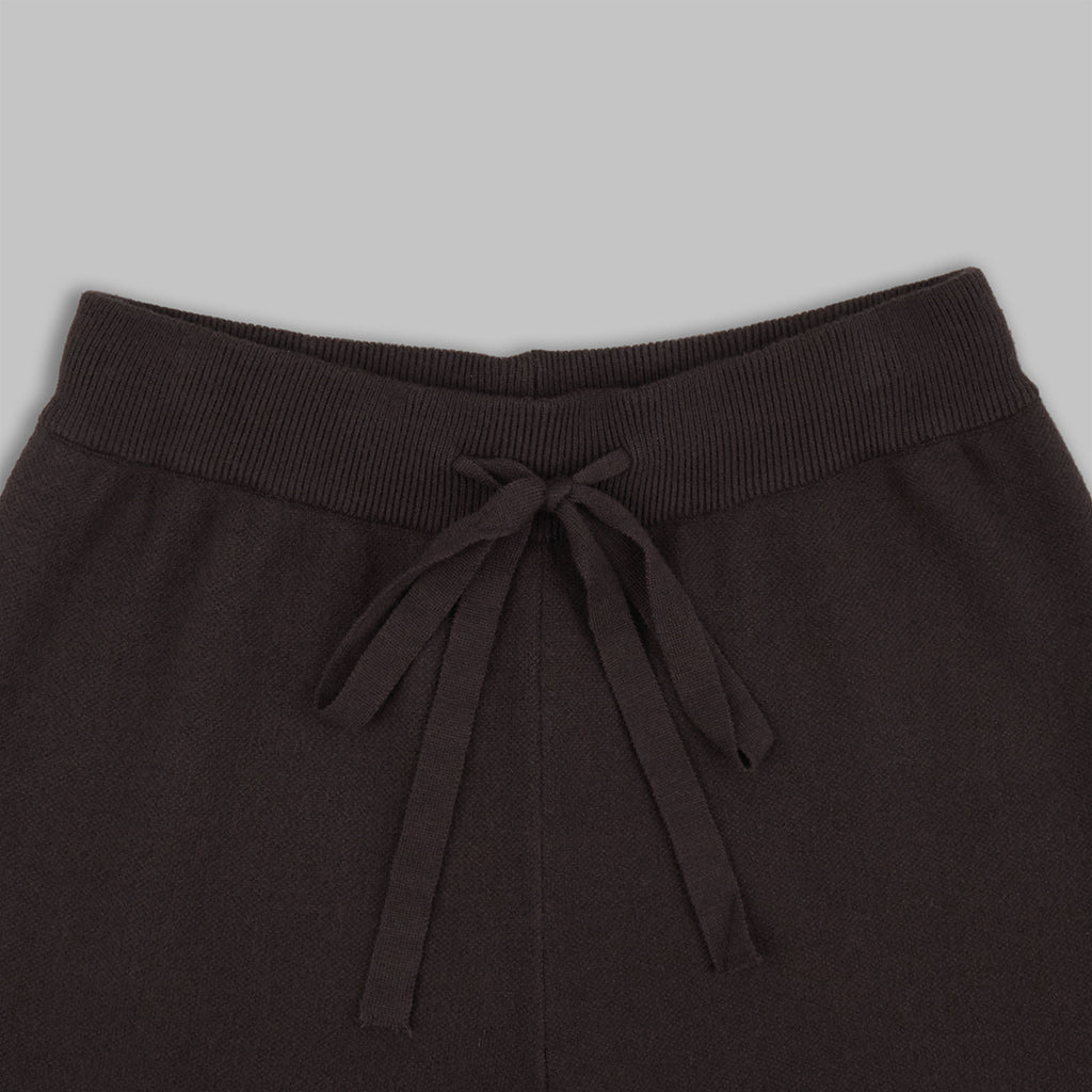 Oversized Hooded Zip-Up Knit & Drawstring Wide-Leg Pants Set in Chocolate — close-up of the drawstring waistband