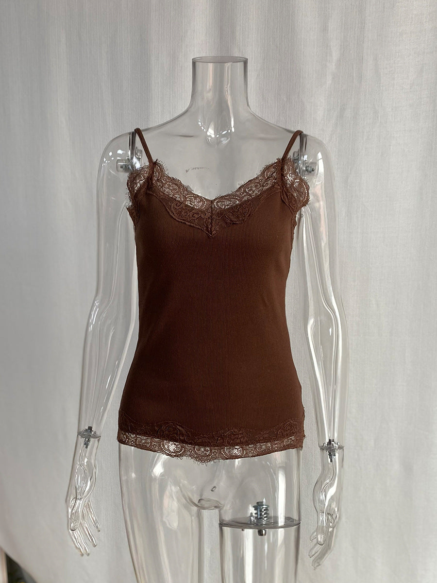 Lace-Trim Ribbed Cotton Camisole in Chocolate — full garment on mannequin
