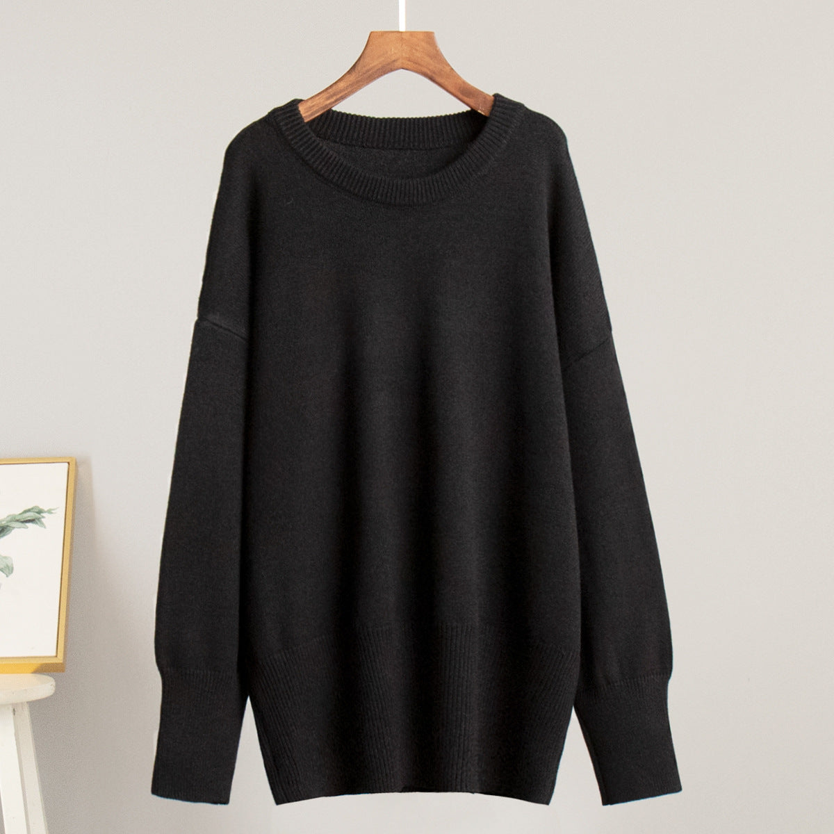 Slouchy Oversized Crew Neck Sweater in Black — front view