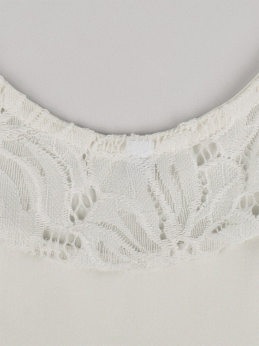 Satin Lace-Trim Mini Slip Dress with Tie Back in Ivory — close-up of the floral lace