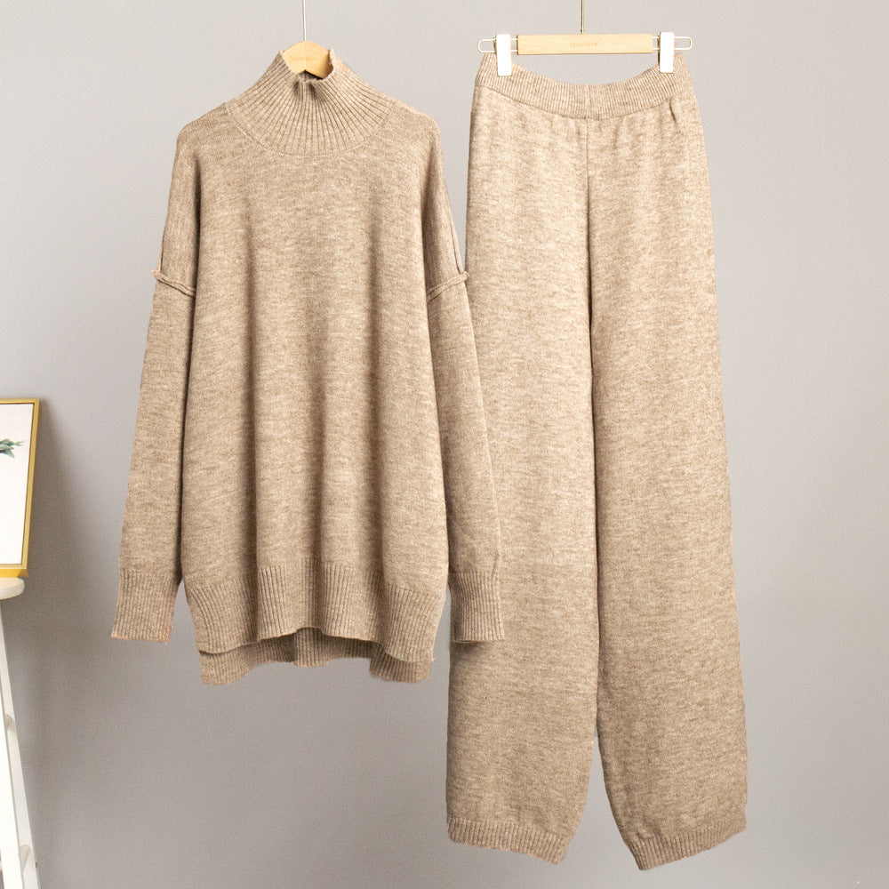 Oversized Turtleneck Sweater & Wide-Leg Knit Pants Set in Camel — set on hanger