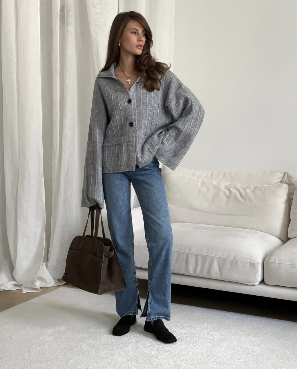Oversized Collared Button Cardigan with Bell Sleeves in Heather Gray — full-length view on model