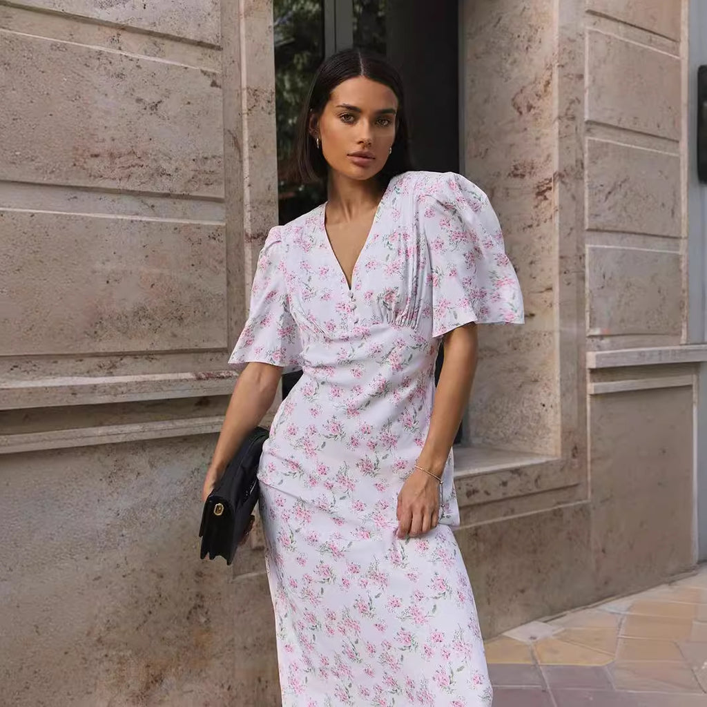 Floral Puff-Sleeve V-Neck Maxi Dress in White Floral — front view on model