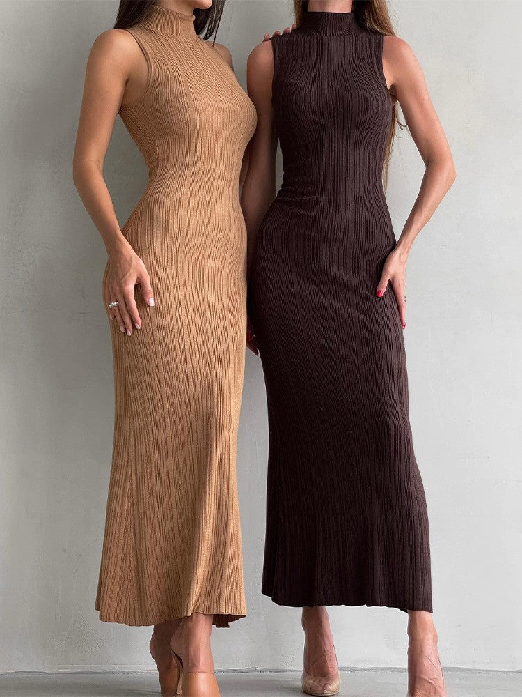 Ribbed Sleeveless Mock-Neck Maxi Dress in Camel — on two models, camel and espresso