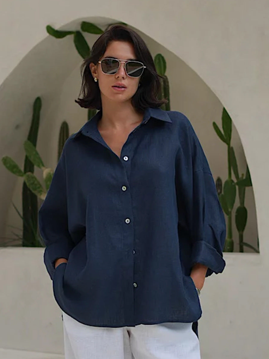 Relaxed Cotton Button-Down Shirt in Navy — front view on model