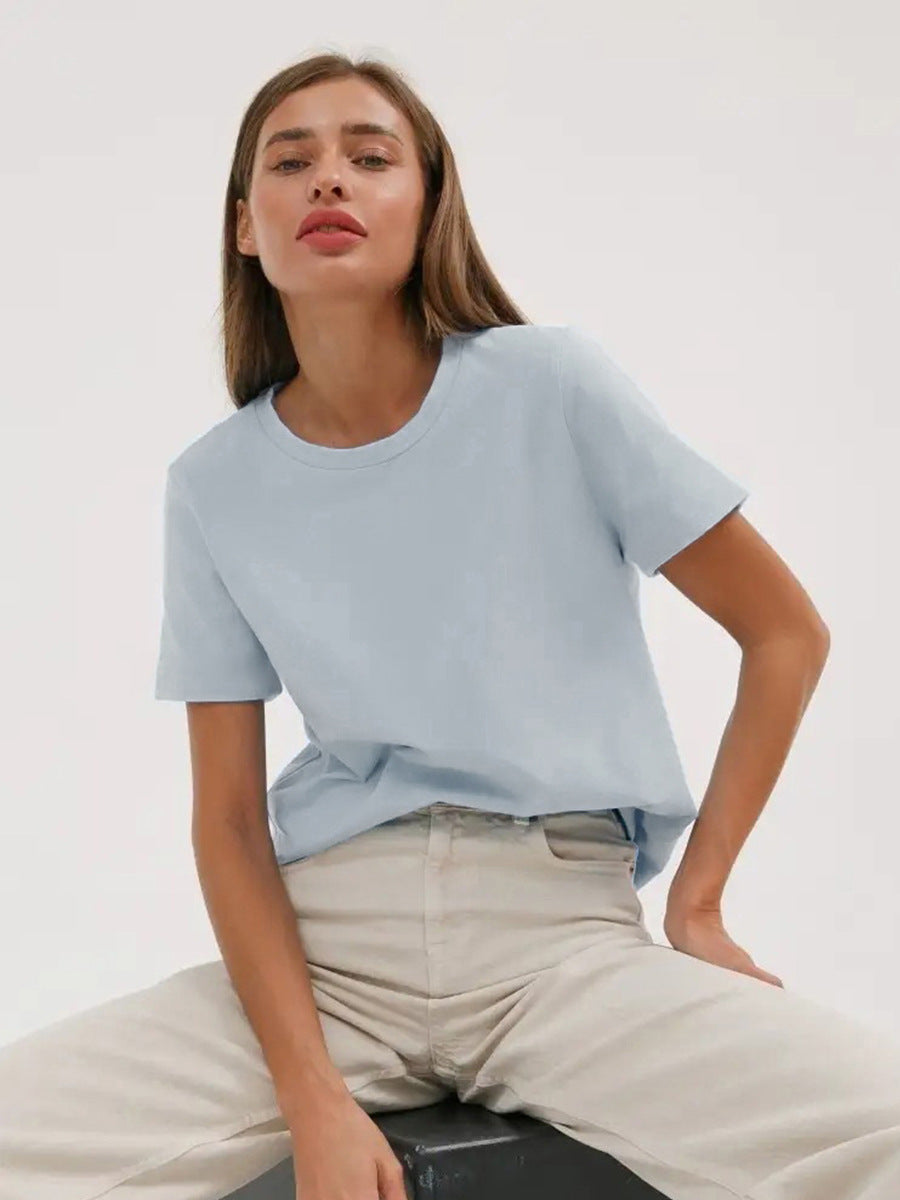 Everyday Cotton Short Sleeve Crew Tee in Ice Blue — seated on model