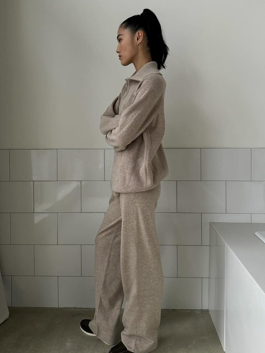 Wide-Collar Zip-Up Knit Cardigan & Wide-Leg Pants Set in Oat — side view on model
