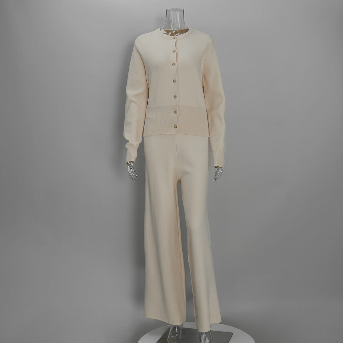 Crew Neck Button Cardigan & Straight-Leg Knit Pants Set in Oat — set front view
