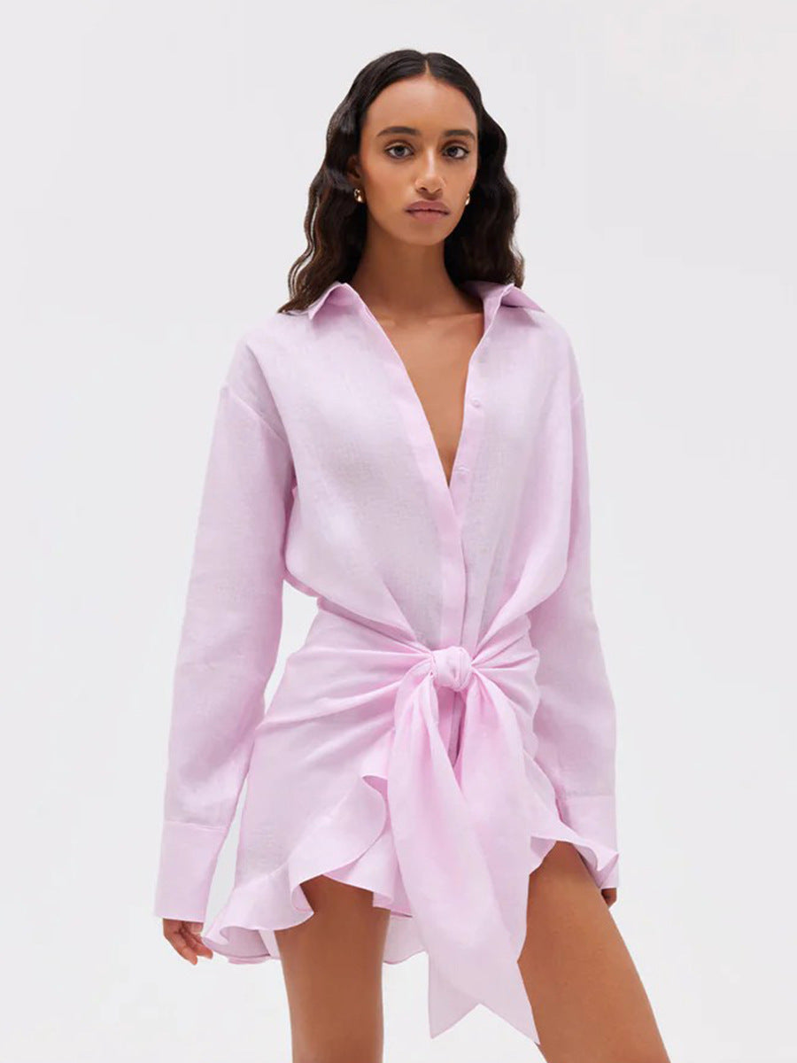 Tie-Front Cotton Mini Shirt Dress in Soft Pink — front view on model, studio