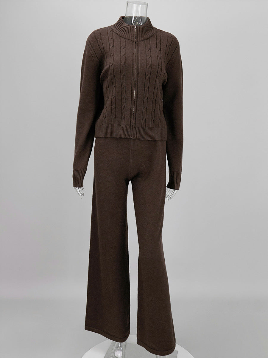 Cable Knit Zip-Up Sweater & Straight-Leg Knit Pants Set in Chocolate — set front view