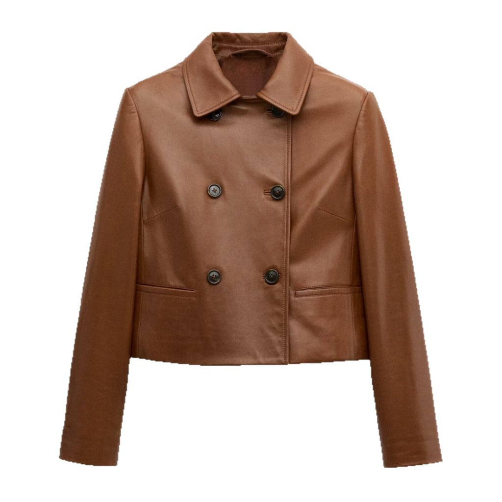 Cropped Double-Breasted Faux Leather Jacket in Cognac — front view, cut out