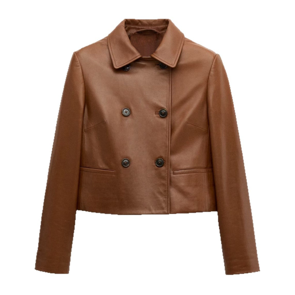 Cropped Double-Breasted Faux Leather Jacket in Cognac — front view, cut out