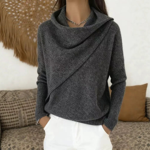 Draped Cowl-Neck Knit Sweater in Gray — front view on model